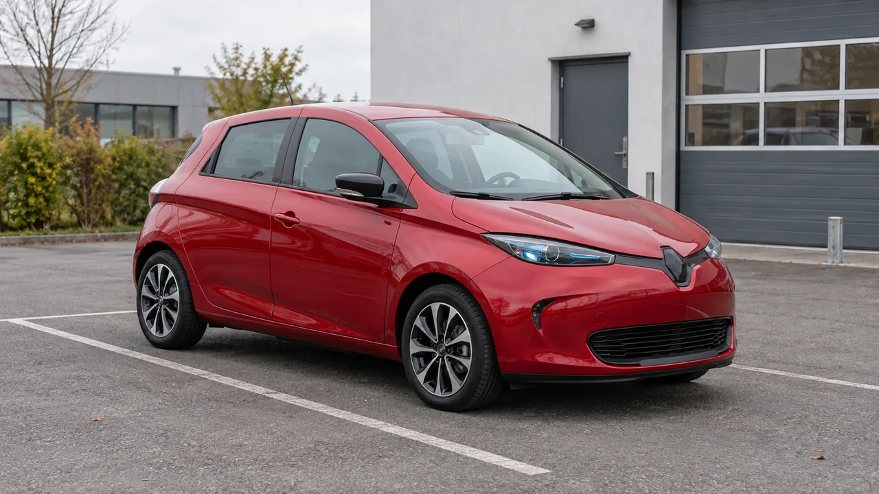 Rotes kompaktes Elektroauto auf einem markierten Stellplatz vor einer Werkstatt.