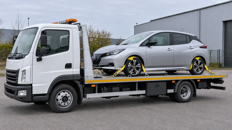Silbernes Elektroauto auf der Ladefläche eines Fahrzeugtransporters.