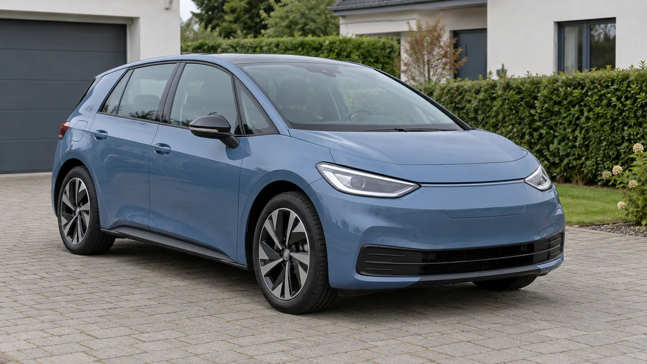 Blaues kompaktes Elektroauto auf einer gepflasterten Zufahrt vor einem Wohnhaus.